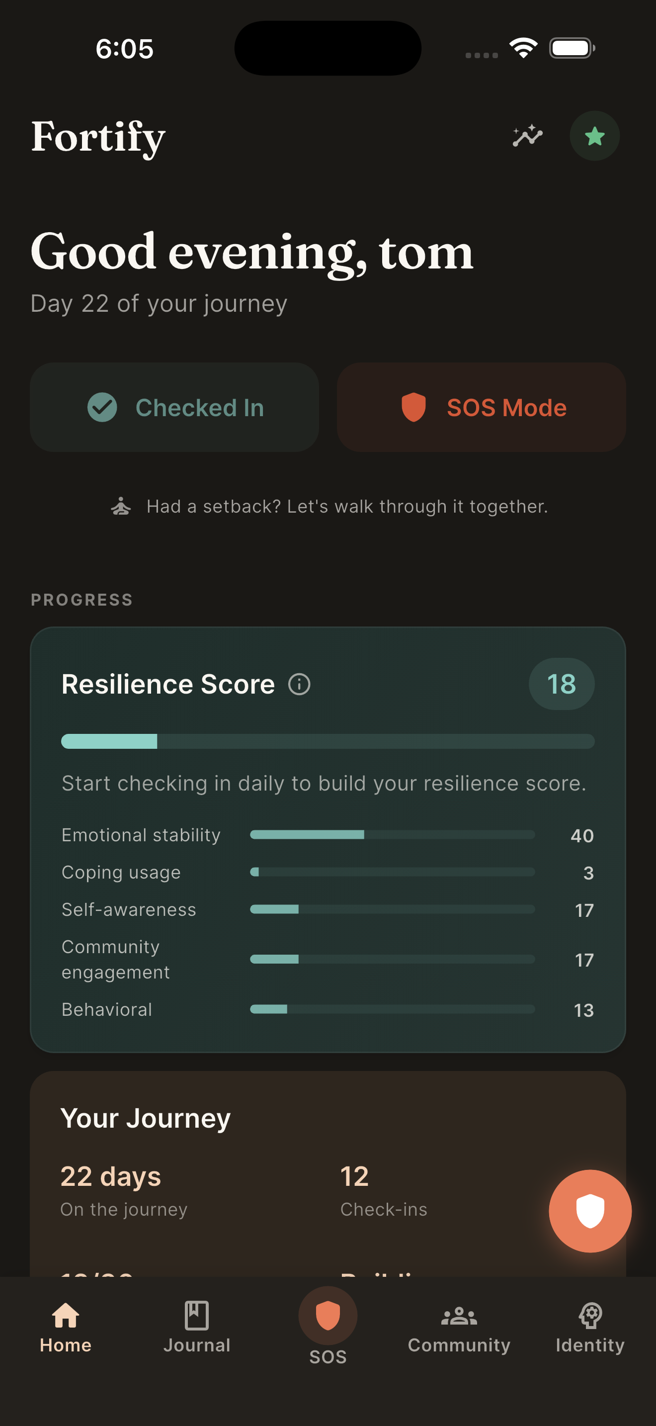 FortifyMe dashboard showing Day 22, Resilience score 18, and a populated journey